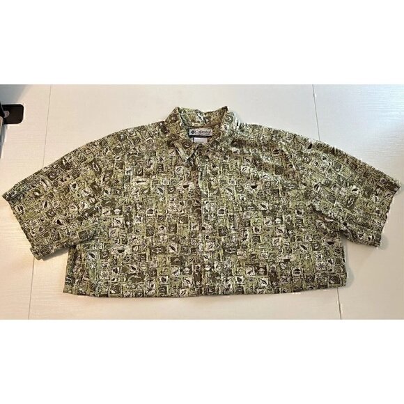 Columbia Mens L Fishing Hawaiian Button Down Short Sleeve Green Beach Design - Picture 1 of 6